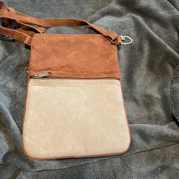 Boho Tan and Brown suede crossbody purse with magenta stitching that pops - Picture 6 of 8